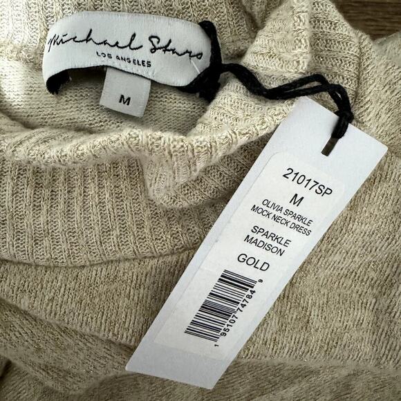 MICHAEL STARS Olivia Sparkle Mock Neck Dress Madison Gold Pockets Gold NWT M - Picture 9 of 10